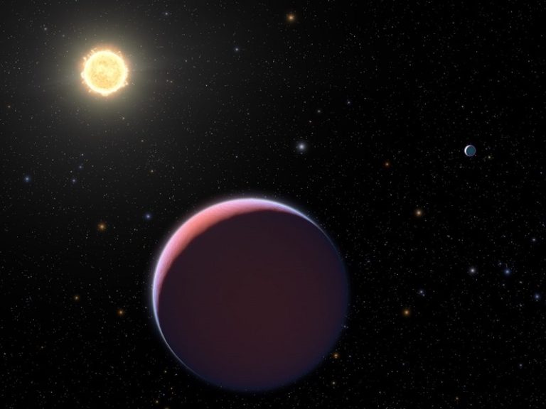 illustration of the sun like star Kepler 51 and two of its three giant super puff planets