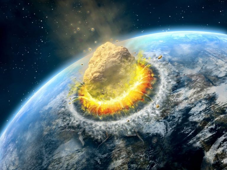 an illustration of an asteroid colliding with Earth